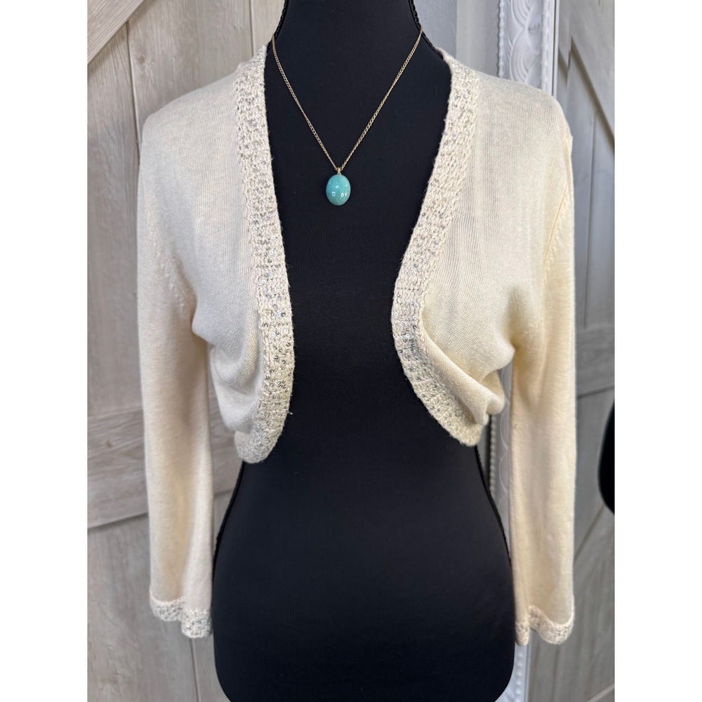 Cream Sequin Beaded Knit Bolero Shrug Cropped Cardigan Evening Wrap Women Small